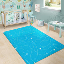 Load image into Gallery viewer, Airplane destinations blue background Area Rug
