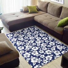 Load image into Gallery viewer, White Blue Hibiscus Floral Pattern Print Area Rug
